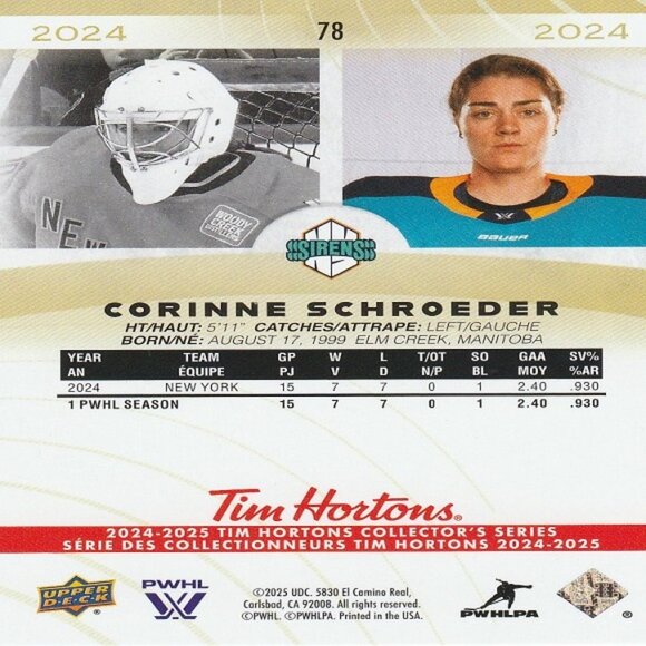 Corinne Schroeder - 2024/2025 Tim Hortons Retrospective Rookies PWHL Series Card - Picture 2 of 2